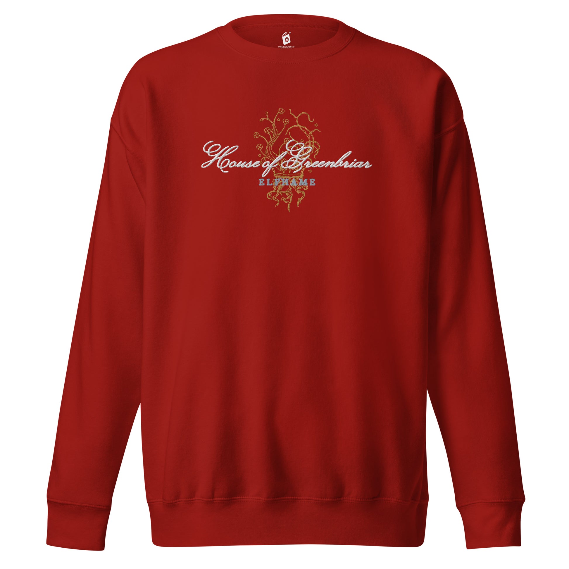 Unisex cardinal red sweatshirt with 'House of Greenbriar ELETHME' bookish design on front
