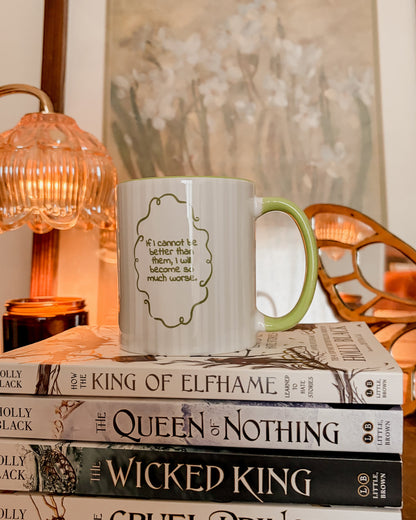 Bookish quote mug with green handle on fantasy novels stack, cozy home decor in background