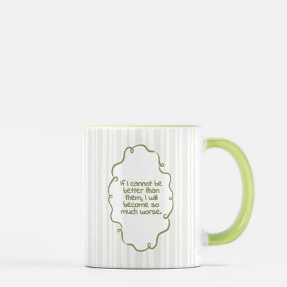 Ceramic mug with light green handle and striped design, book quote printed on front