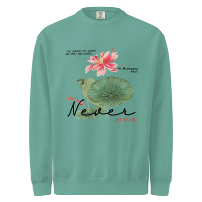 I Will Never Let You Go Sweatshirt - The Bean Workshop - Book lover gift idea, Bookish aesthetic, Celestial Kingdom, Enemies to lovers merch, Immortal, Immortal quote shirt, Sue Lynn Tan, sweater, sweatshirt, Watercolor lotus, Zhangwei and Liyen