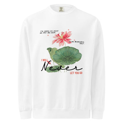 I Will Never Let You Go Sweatshirt - The Bean Workshop - Book lover gift idea, Bookish aesthetic, Celestial Kingdom, Enemies to lovers merch, Immortal, Immortal quote shirt, Sue Lynn Tan, sweater, sweatshirt, Watercolor lotus, Zhangwei and Liyen