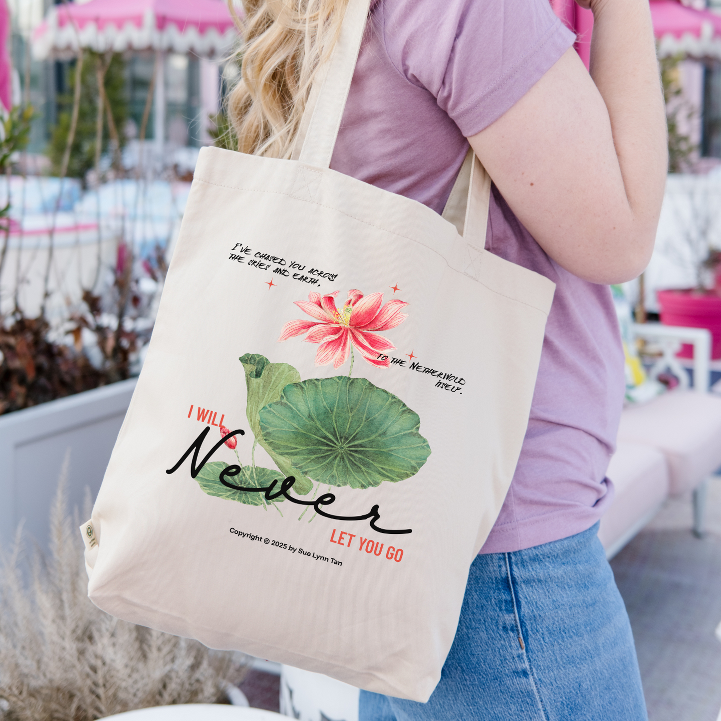 I Will Never Let You Go Organic Cotton Twill Tote Bag - The Bean Workshop - Book lover gift idea, Bookish aesthetic, Celestial Kingdom, Enemies to lovers merch, Immortal, Immortal quote shirt, organic cotton twill tote bag, Sue Lynn Tan, tote, Watercolor lotus, Zhangwei and Liyen