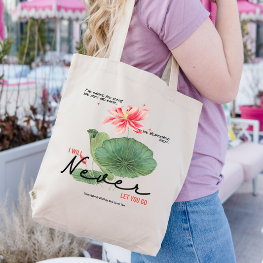 I Will Never Let You Go Organic Cotton Twill Tote Bag - The Bean Workshop - Book lover gift idea, Bookish aesthetic, Celestial Kingdom, Enemies to lovers merch, Immortal, Immortal quote shirt, organic cotton twill tote bag, Sue Lynn Tan, tote, Watercolor lotus, Zhangwei and Liyen