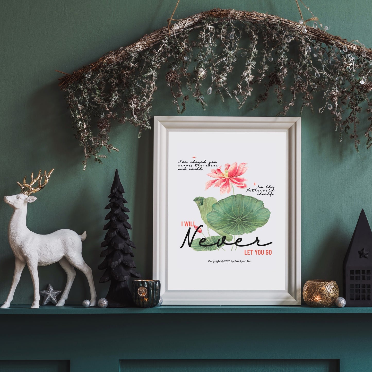 I Will Never Let You Go Poster - The Bean Workshop - Book lover gift idea, Bookish aesthetic, Celestial Kingdom, Enemies to lovers merch, Immortal, Sue Lynn Tan, Watercolor lotus, Zhangwei and Liyen