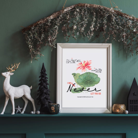 I Will Never Let You Go Poster - The Bean Workshop - Book lover gift idea, Bookish aesthetic, Celestial Kingdom, Enemies to lovers merch, Immortal, Sue Lynn Tan, Watercolor lotus, Zhangwei and Liyen