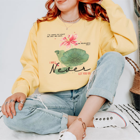 I Will Never Let You Go Sweatshirt - The Bean Workshop - Book lover gift idea, Bookish aesthetic, Celestial Kingdom, Enemies to lovers merch, Immortal, Immortal quote shirt, Sue Lynn Tan, sweater, sweatshirt, Watercolor lotus, Zhangwei and Liyen