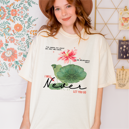 I Will Never Let You Go T-shirt - The Bean Workshop - Book lover gift idea, Bookish aesthetic, Celestial Kingdom, Enemies to lovers merch, Immortal, Immortal quote shirt, Sue Lynn Tan, t-shirt, tee, Watercolor lotus, Zhangwei and Liyen