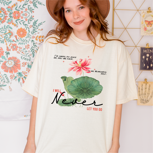 I Will Never Let You Go T-shirt - The Bean Workshop - Book lover gift idea, Bookish aesthetic, Celestial Kingdom, Enemies to lovers merch, Immortal, Immortal quote shirt, Sue Lynn Tan, t-shirt, tee, Watercolor lotus, Zhangwei and Liyen