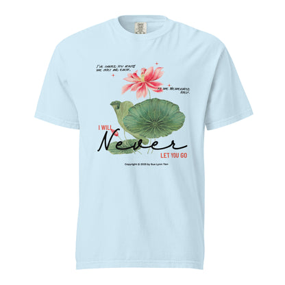 I Will Never Let You Go T-shirt - The Bean Workshop - Book lover gift idea, Bookish aesthetic, Celestial Kingdom, Enemies to lovers merch, Immortal, Immortal quote shirt, Sue Lynn Tan, t-shirt, tee, Watercolor lotus, Zhangwei and Liyen