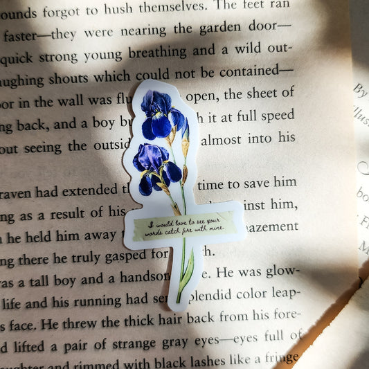 I Would Love To See Your Words Catch Fire With Mine Sticker | Divine Rivals by Rebecca Ross - The Bean Workshop - bookish gift, bookish sticker, Divine Rivals, Divine Rivals merch, enemies to lovers, fantasy romance, gift for book lovers, Iris and Roman, journal sticker, laptop sticker, Letters of Enchantment, quote sticker, Rebecca Ross, Rebecca Ross merch, Ruthless Vows, sticker