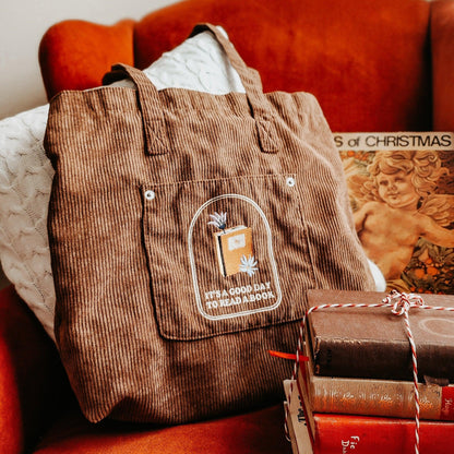 It's A Good Day To Read A Book Embroidered Corduroy Tote Bag - The Bean Workshop - bibliophile gift, book club, book girlie, book lover, book lovers, book tote, bookaholic, bookish, bookish friends, bookstore, bookstore date, booktrovert, corduroy tote bag, embroidered tote bag, gift for readers, tote, tote bag