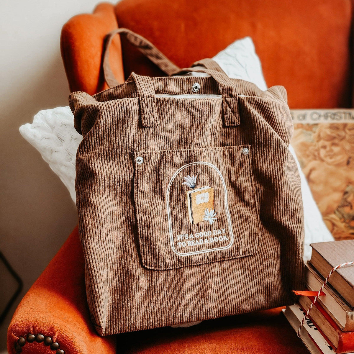 It's A Good Day To Read A Book Embroidered Corduroy Tote Bag - The Bean Workshop - bibliophile gift, book club, book girlie, book lover, book lovers, book tote, bookaholic, bookish, bookish friends, bookstore, bookstore date, booktrovert, corduroy tote bag, embroidered tote bag, gift for readers, tote, tote bag