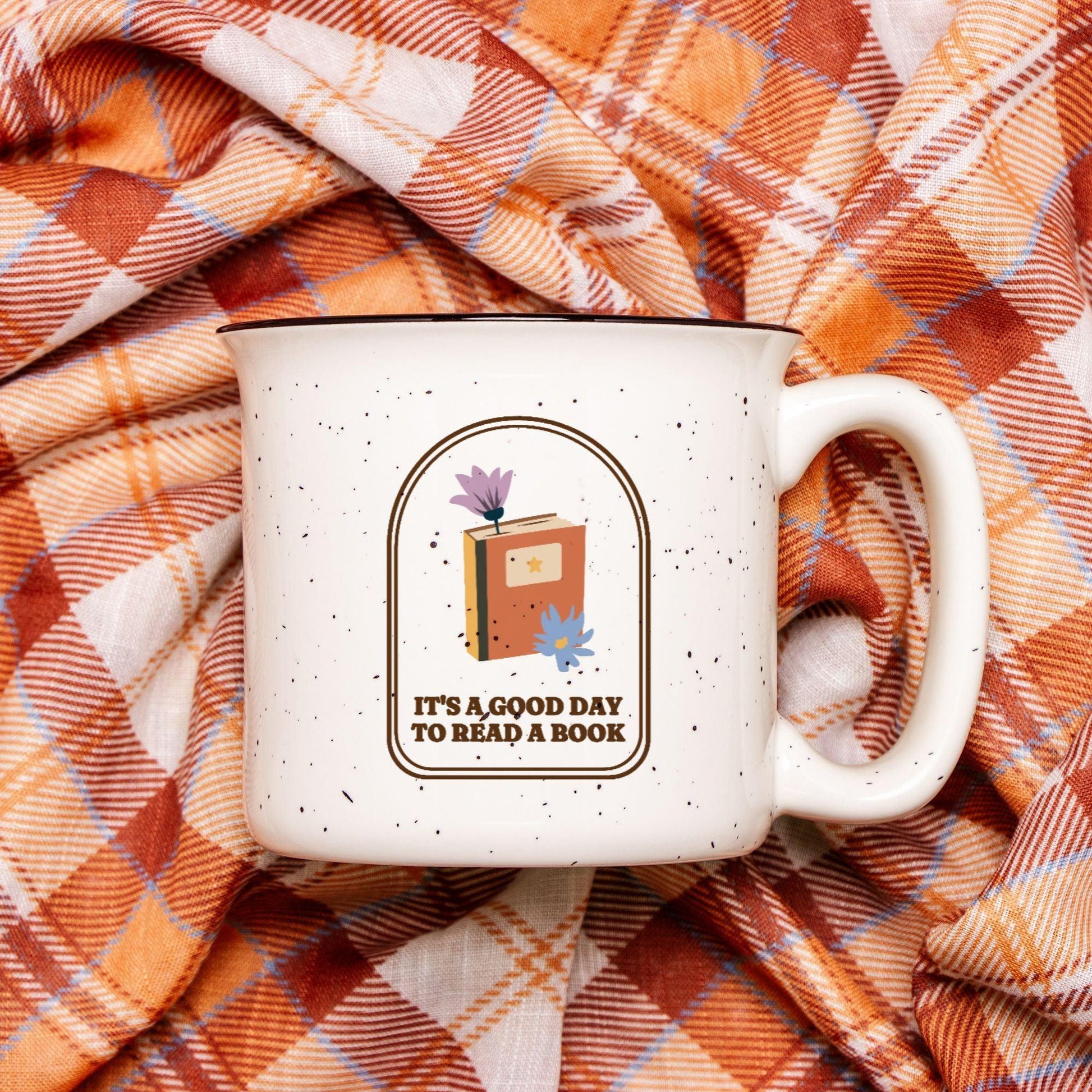 It's A Good Day To Read A Book Speckled Ceramic Camp Mug - The Bean Workshop - ceramic mug, coffee mug, fall, mug, read everyday