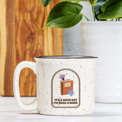 It's A Good Day To Read A Book Speckled Ceramic Camp Mug - The Bean Workshop - ceramic mug, coffee mug, fall, mug, read everyday