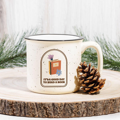 It's A Good Day To Read A Book Speckled Ceramic Camp Mug - The Bean Workshop - ceramic mug, coffee mug, fall, mug, read everyday