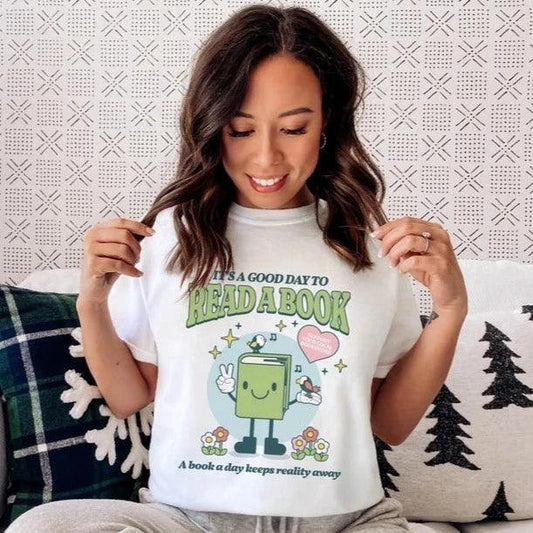 It's A Good Day To Read A Book Tee Shirt - The Bean Workshop - book lover, bookish, box tee, cute, read everyday, retro