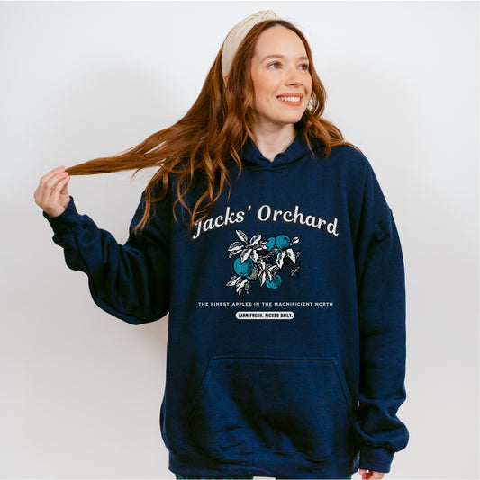 Jacks' Orchard Hoodie - The Bean Workshop - Blue Apple Graphic, Fantasy Romance, hoodie, Jacks Prince of Hearts Merch, once upon a broken heart, ouabh, Premium Winter Wear, Retro Farm Aesthetic, stephanie garber, The Magnificent North, Thick Pullover, Vintage Logo