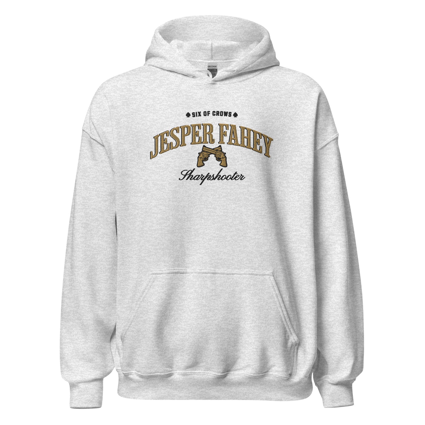 Jesper Fahey Embroidered Hoodie - The Bean Workshop - Bookworm Hoodie, Fandom Apparel, Grishaverse gift, Gunslinger Style, Jesper Fahey embroidered hoodie, leigh bardugo, Leigh Bardugo bookish hoodie for readers, Literary Streetwear, Revolver Design, Sharpshooter fan merchandise, Six of Crows hooded sweatshirt, The Dregs apparel, Wesper