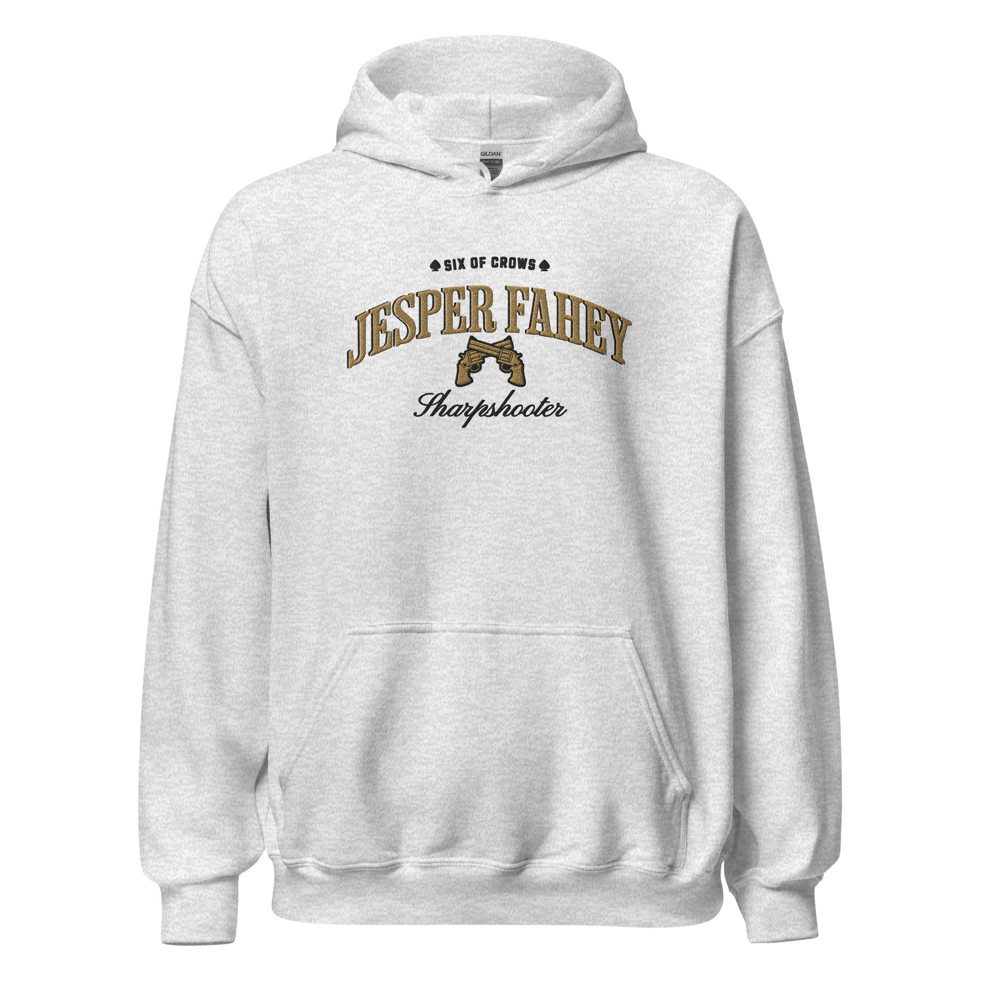 Jesper Fahey Embroidered Hoodie - The Bean Workshop - Bookworm Hoodie, Fandom Apparel, Grishaverse gift, Gunslinger Style, Jesper Fahey embroidered hoodie, leigh bardugo, Leigh Bardugo bookish hoodie for readers, Literary Streetwear, Revolver Design, Sharpshooter fan merchandise, Six of Crows hooded sweatshirt, The Dregs apparel, Wesper