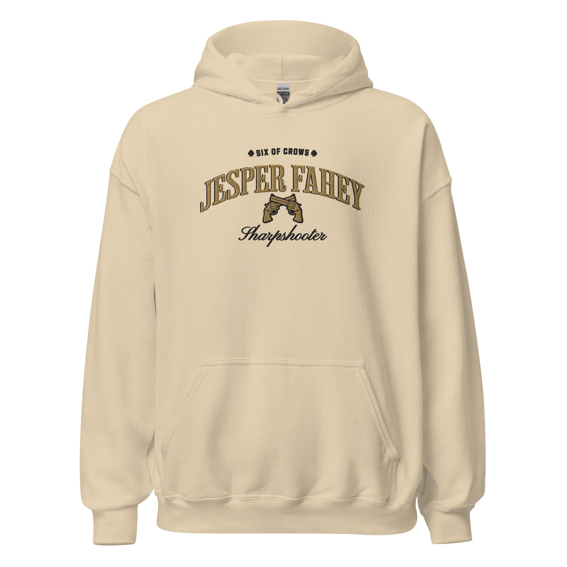 Jesper Fahey Embroidered Hoodie - The Bean Workshop - Bookworm Hoodie, Fandom Apparel, Grishaverse gift, Gunslinger Style, Jesper Fahey embroidered hoodie, leigh bardugo, Leigh Bardugo bookish hoodie for readers, Literary Streetwear, Revolver Design, Sharpshooter fan merchandise, Six of Crows hooded sweatshirt, The Dregs apparel, Wesper