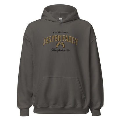 Jesper Fahey Embroidered Hoodie - The Bean Workshop - Bookworm Hoodie, Fandom Apparel, Grishaverse gift, Gunslinger Style, Jesper Fahey embroidered hoodie, leigh bardugo, Leigh Bardugo bookish hoodie for readers, Literary Streetwear, Revolver Design, Sharpshooter fan merchandise, Six of Crows hooded sweatshirt, The Dregs apparel, Wesper