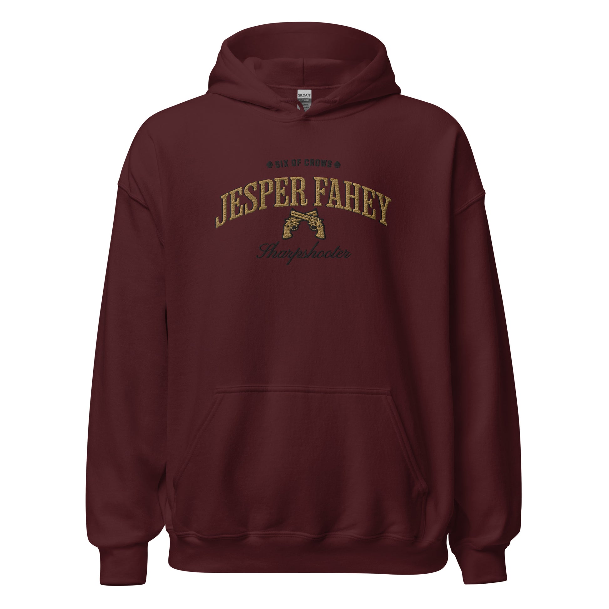 Jesper Fahey Embroidered Hoodie - The Bean Workshop - Bookworm Hoodie, Fandom Apparel, Grishaverse gift, Gunslinger Style, Jesper Fahey embroidered hoodie, leigh bardugo, Leigh Bardugo bookish hoodie for readers, Literary Streetwear, Revolver Design, Sharpshooter fan merchandise, Six of Crows hooded sweatshirt, The Dregs apparel, Wesper