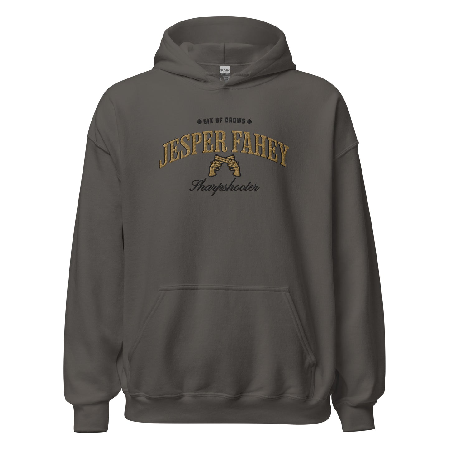 Jesper Fahey Embroidered Hoodie - The Bean Workshop - Bookworm Hoodie, Fandom Apparel, Grishaverse gift, Gunslinger Style, Jesper Fahey embroidered hoodie, leigh bardugo, Leigh Bardugo bookish hoodie for readers, Literary Streetwear, Revolver Design, Sharpshooter fan merchandise, Six of Crows hooded sweatshirt, The Dregs apparel, Wesper