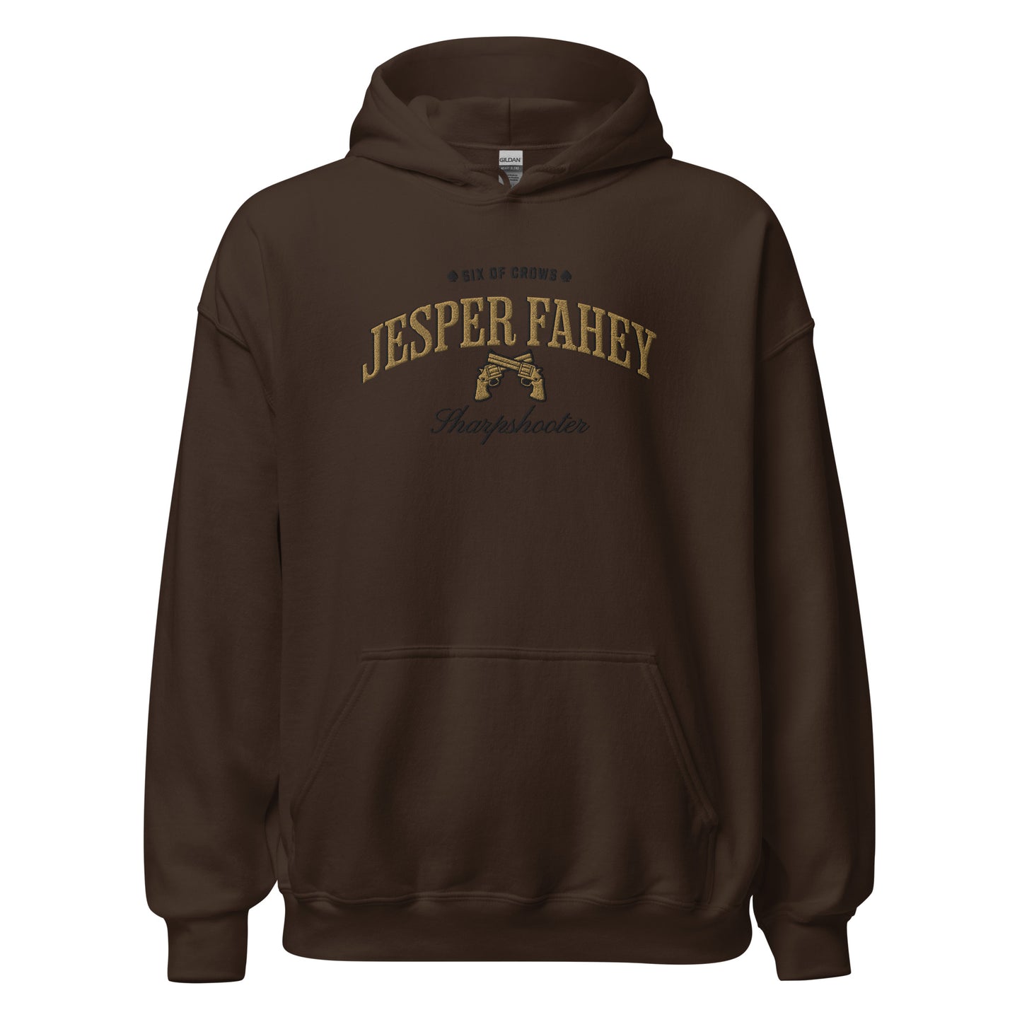 Jesper Fahey Embroidered Hoodie - The Bean Workshop - Bookworm Hoodie, Fandom Apparel, Grishaverse gift, Gunslinger Style, Jesper Fahey embroidered hoodie, leigh bardugo, Leigh Bardugo bookish hoodie for readers, Literary Streetwear, Revolver Design, Sharpshooter fan merchandise, Six of Crows hooded sweatshirt, The Dregs apparel, Wesper