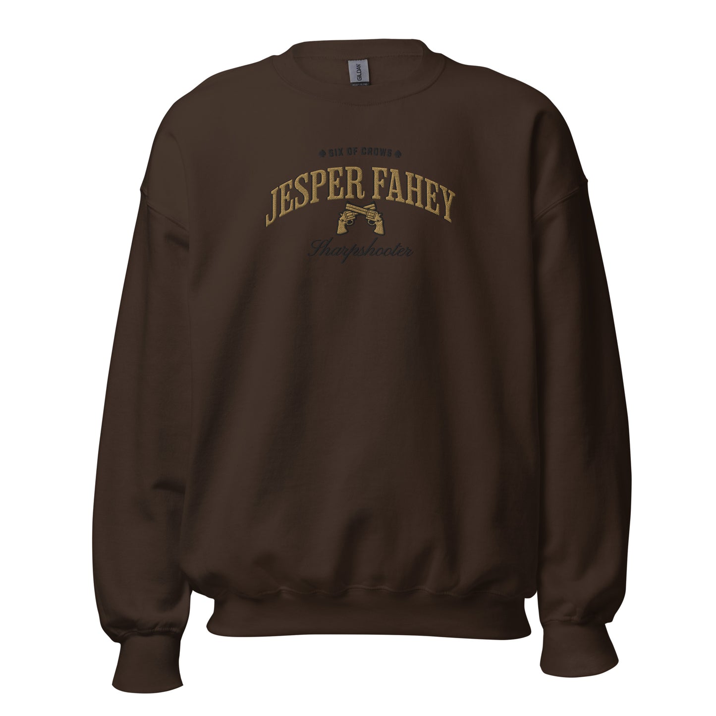 Jesper Fahey Embroidered Sweatshirt - The Bean Workshop - Book Lover Gift, Bookish Sweatshirt, Fantasy Gunslinger, Grishaverse clothing, Jesper Fahey embroidered sweatshirt, Ketterdam, Leigh Bardugo fan apparel for readers, LGBTQ Character, Revolver Embroidery, Six of Crows sharpshooter merch, The Dregs, Wesper, Zemeni
