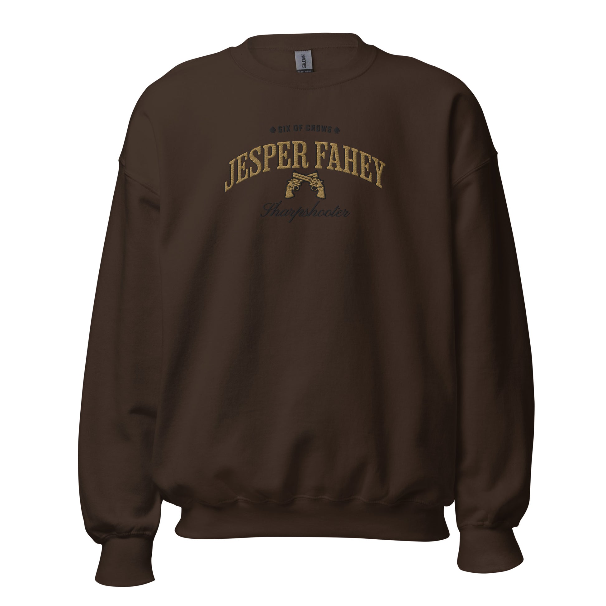 Jesper Fahey Embroidered Sweatshirt - The Bean Workshop - Book Lover Gift, Bookish Sweatshirt, Fantasy Gunslinger, Grishaverse clothing, Jesper Fahey embroidered sweatshirt, Ketterdam, Leigh Bardugo fan apparel for readers, LGBTQ Character, Revolver Embroidery, Six of Crows sharpshooter merch, The Dregs, Wesper, Zemeni