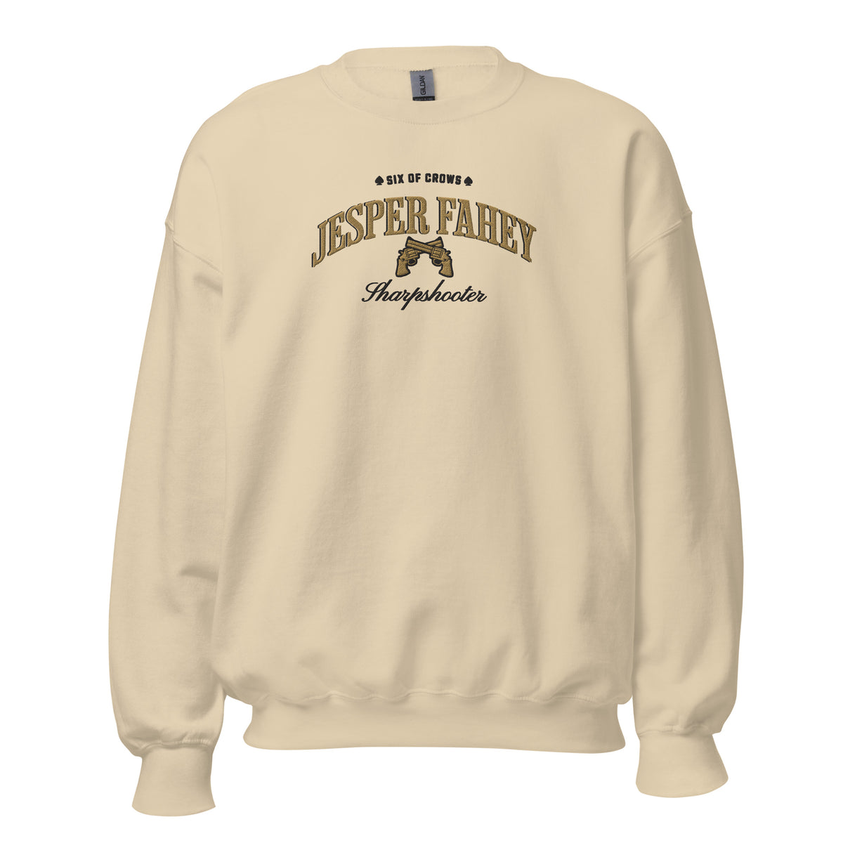 Jesper Fahey Embroidered Sweatshirt - The Bean Workshop - Book Lover Gift, Bookish Sweatshirt, Fantasy Gunslinger, Grishaverse clothing, Jesper Fahey embroidered sweatshirt, Ketterdam, Leigh Bardugo fan apparel for readers, LGBTQ Character, Revolver Embroidery, Six of Crows sharpshooter merch, The Dregs, Wesper, Zemeni