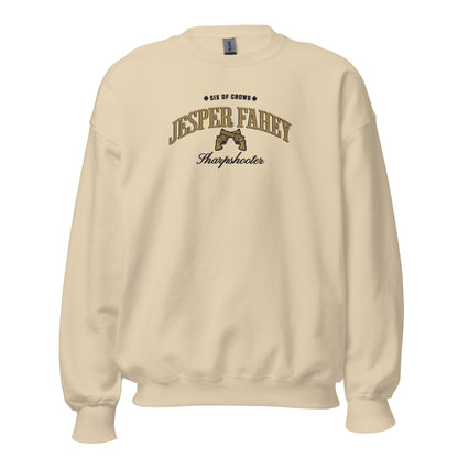 Jesper Fahey Embroidered Sweatshirt - The Bean Workshop - Book Lover Gift, Bookish Sweatshirt, Fantasy Gunslinger, Grishaverse clothing, Jesper Fahey embroidered sweatshirt, Ketterdam, Leigh Bardugo fan apparel for readers, LGBTQ Character, Revolver Embroidery, Six of Crows sharpshooter merch, The Dregs, Wesper, Zemeni