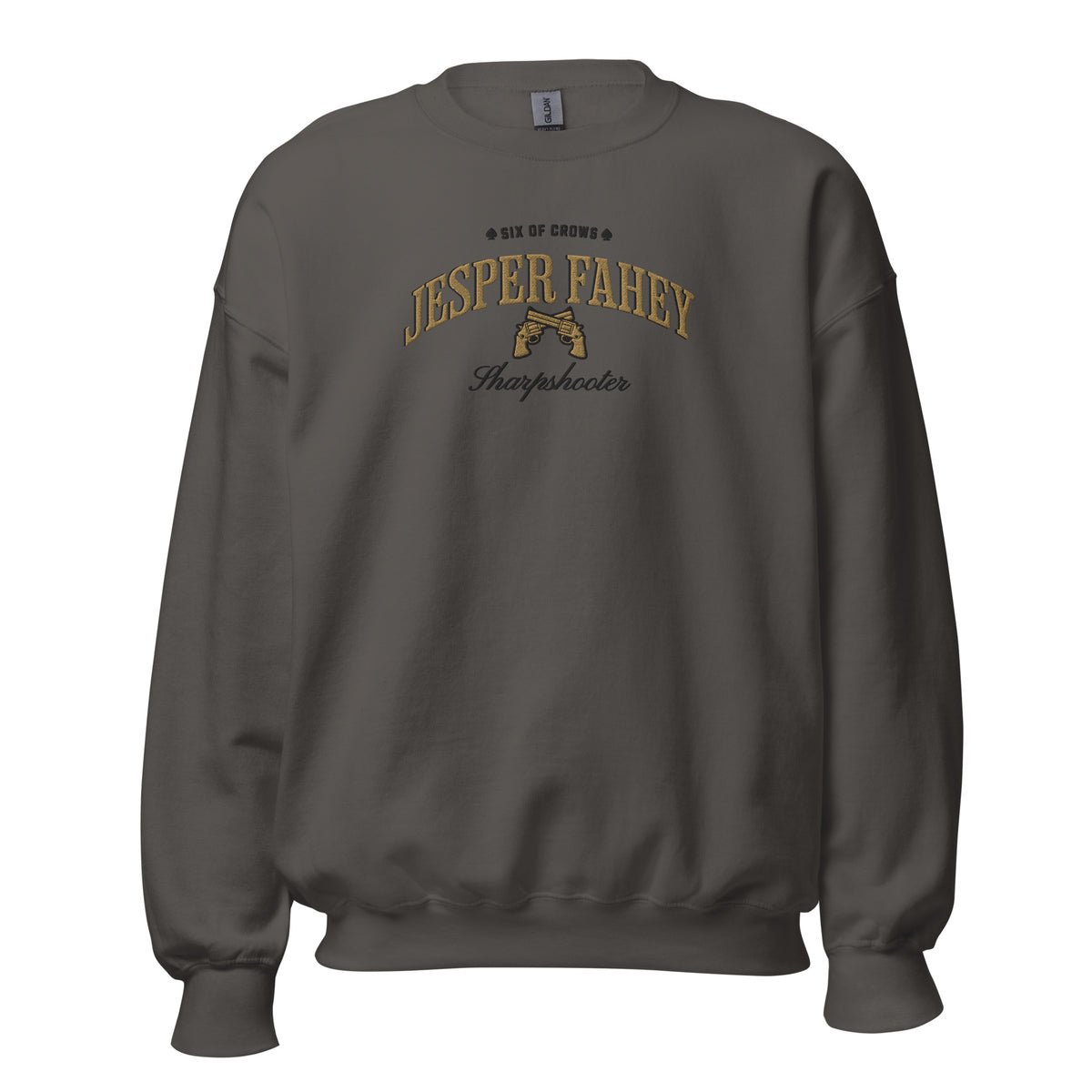Jesper Fahey Embroidered Sweatshirt - The Bean Workshop - Book Lover Gift, Bookish Sweatshirt, Fantasy Gunslinger, Grishaverse clothing, Jesper Fahey embroidered sweatshirt, Ketterdam, Leigh Bardugo fan apparel for readers, LGBTQ Character, Revolver Embroidery, Six of Crows sharpshooter merch, The Dregs, Wesper, Zemeni