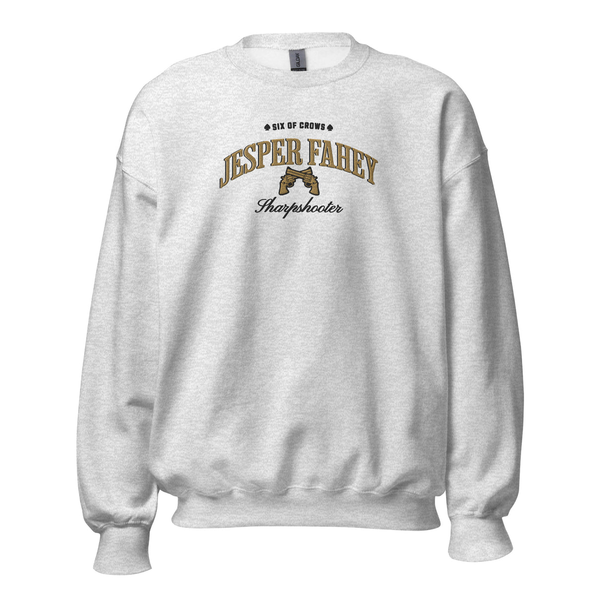 Jesper Fahey Embroidered Sweatshirt - The Bean Workshop - Book Lover Gift, Bookish Sweatshirt, Fantasy Gunslinger, Grishaverse clothing, Jesper Fahey embroidered sweatshirt, Ketterdam, Leigh Bardugo fan apparel for readers, LGBTQ Character, Revolver Embroidery, Six of Crows sharpshooter merch, The Dregs, Wesper, Zemeni