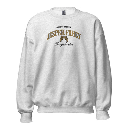 Jesper Fahey Embroidered Sweatshirt - The Bean Workshop - Book Lover Gift, Bookish Sweatshirt, Fantasy Gunslinger, Grishaverse clothing, Jesper Fahey embroidered sweatshirt, Ketterdam, Leigh Bardugo fan apparel for readers, LGBTQ Character, Revolver Embroidery, Six of Crows sharpshooter merch, The Dregs, Wesper, Zemeni