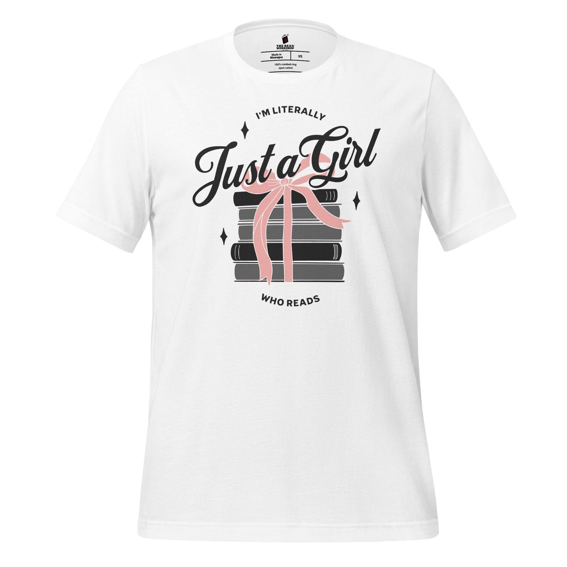 Just A Girl Who Reads T-Shirt - The Bean Workshop - book lover, bookish, bow, coquette, read everyday, t-shirt