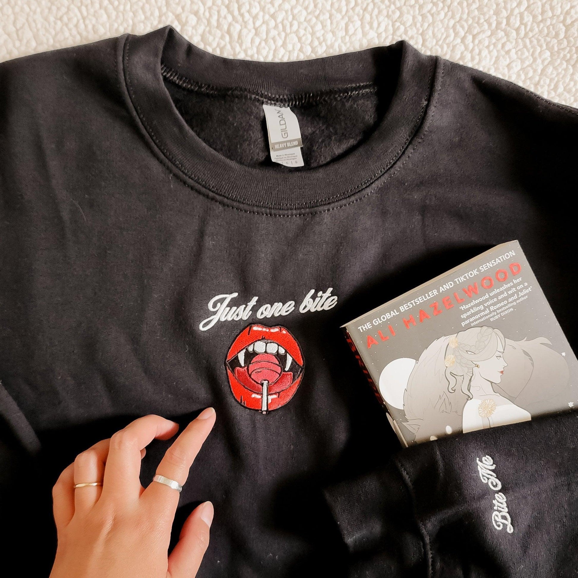 Just One Bite for an Eternal Love Embroidered Sweatshirt - The Bean Workshop - embroidered, halloween, sweater, sweatshirt