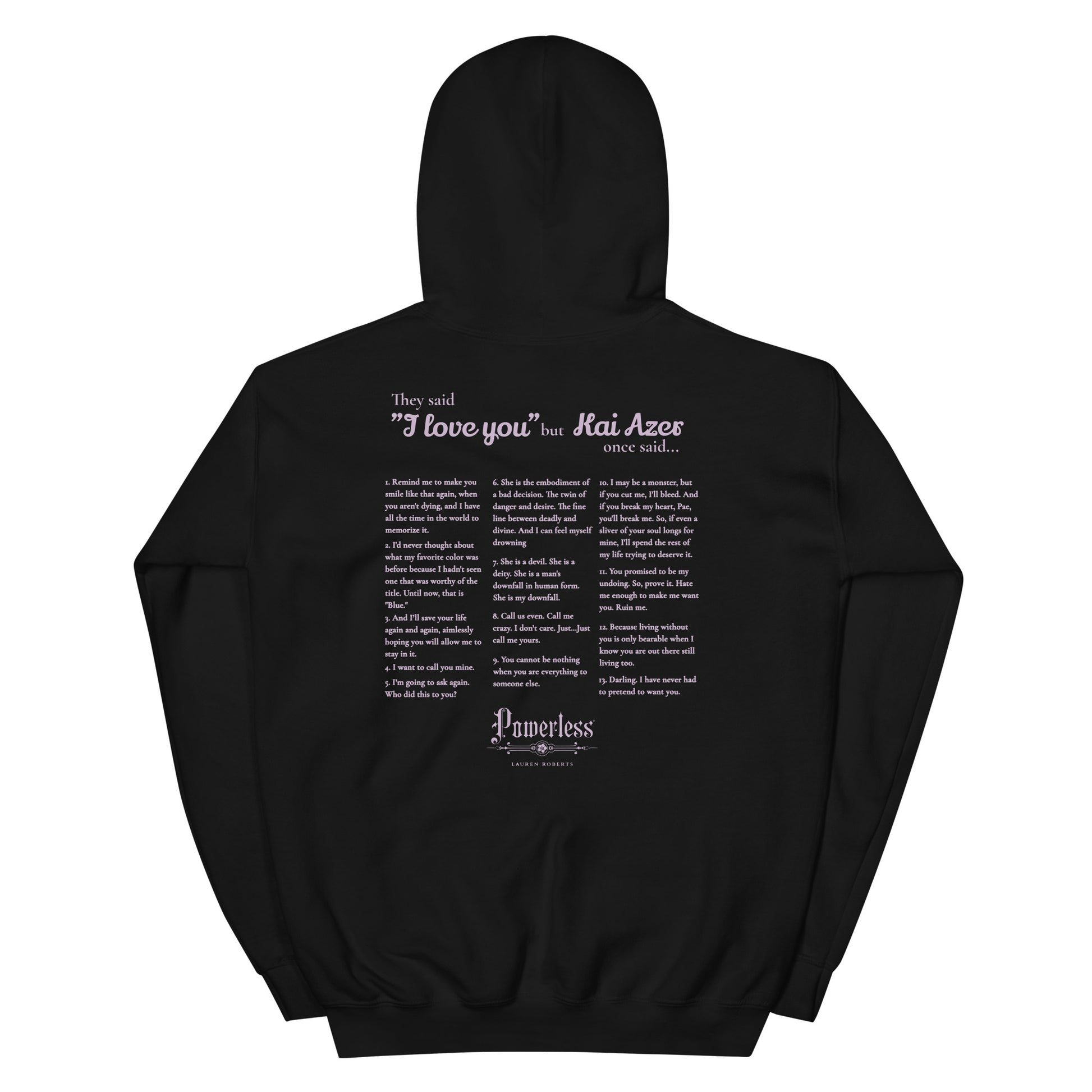 Kai Azer Book Quotes Embroidered Hoodie - The Bean Workshop - embroidered, hoodie, kai azer, lauren roberts, paedyn gray, powerless