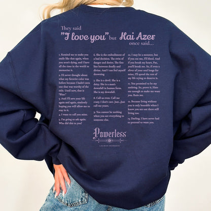 Kai Azer Book Quotes Embroidered Sweatshirt - The Bean Workshop - embroidered, kai azer, lauren roberts, paedyn gray, powerless, pullover, sweater, sweatshirt