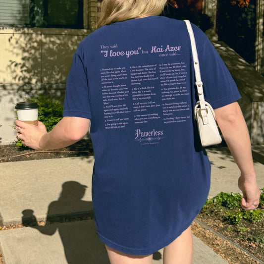 Kai Azer Book Quotes Embroidered Tee Shirt - The Bean Workshop - box tee, embroidered, kai azer, lauren roberts, paedyn gray, powerless, t-shirt, tee