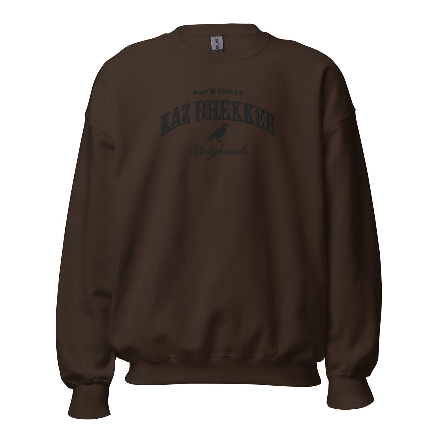 Kaz Brekker Embroidered Sweatshirt - The Bean Workshop - Bookish Gift, Bookworm Apparel, Crow Club, Dark Fantasy, Dirtyhands, Grishaverse sweatshirt, Kaz Brekker embroidered sweatshirt, Ketterdam, Leigh Bardugo fan apparel for readers, Literary Character, Minimalist Aesthetic, Six of Crows minimalist merch, The Dregs