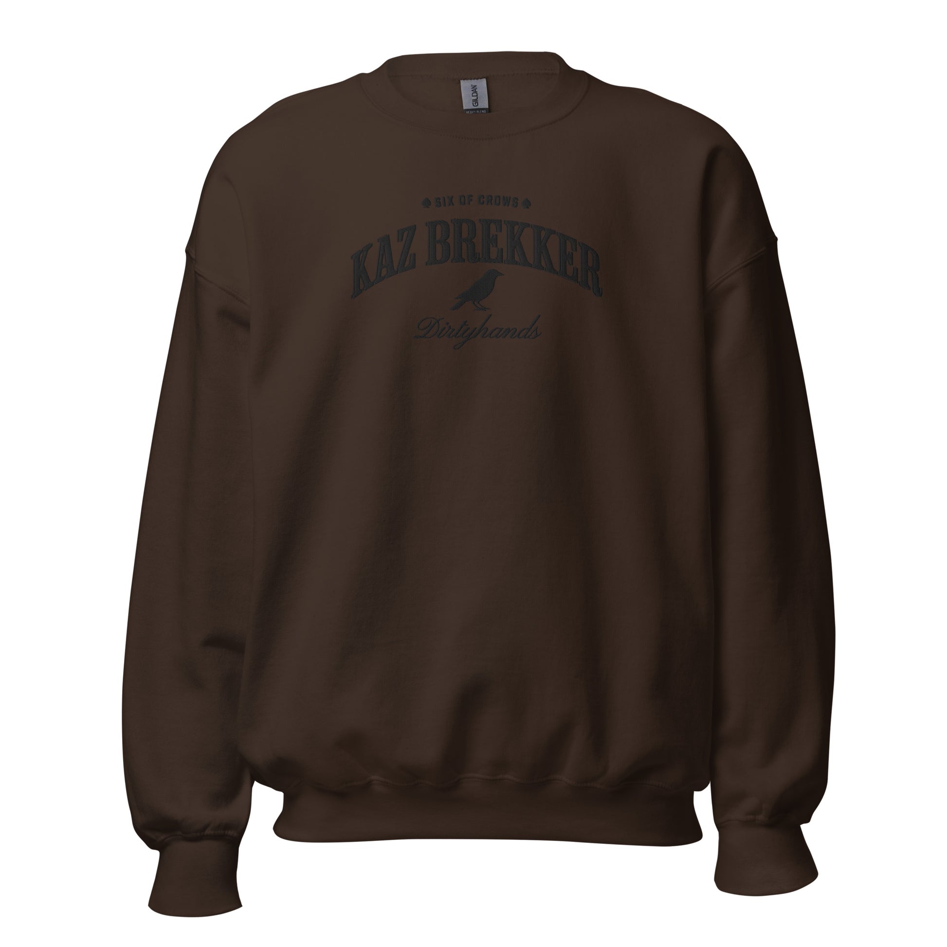 Kaz Brekker Embroidered Sweatshirt - The Bean Workshop - Bookish Gift, Bookworm Apparel, Crow Club, Dark Fantasy, Dirtyhands, Grishaverse sweatshirt, Kaz Brekker embroidered sweatshirt, Ketterdam, Leigh Bardugo fan apparel for readers, Literary Character, Minimalist Aesthetic, Six of Crows minimalist merch, The Dregs