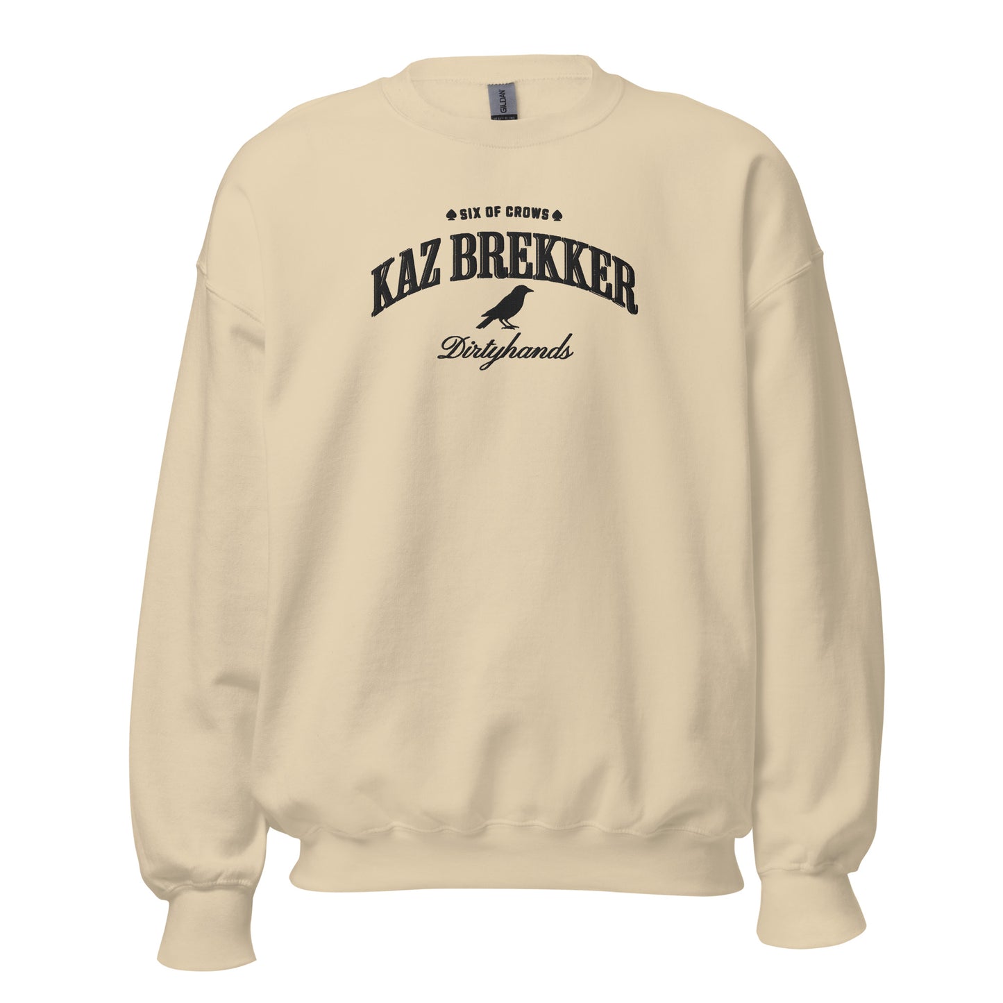 Kaz Brekker Embroidered Sweatshirt - The Bean Workshop - Bookish Gift, Bookworm Apparel, Crow Club, Dark Fantasy, Dirtyhands, Grishaverse sweatshirt, Kaz Brekker embroidered sweatshirt, Ketterdam, Leigh Bardugo fan apparel for readers, Literary Character, Minimalist Aesthetic, Six of Crows minimalist merch, The Dregs
