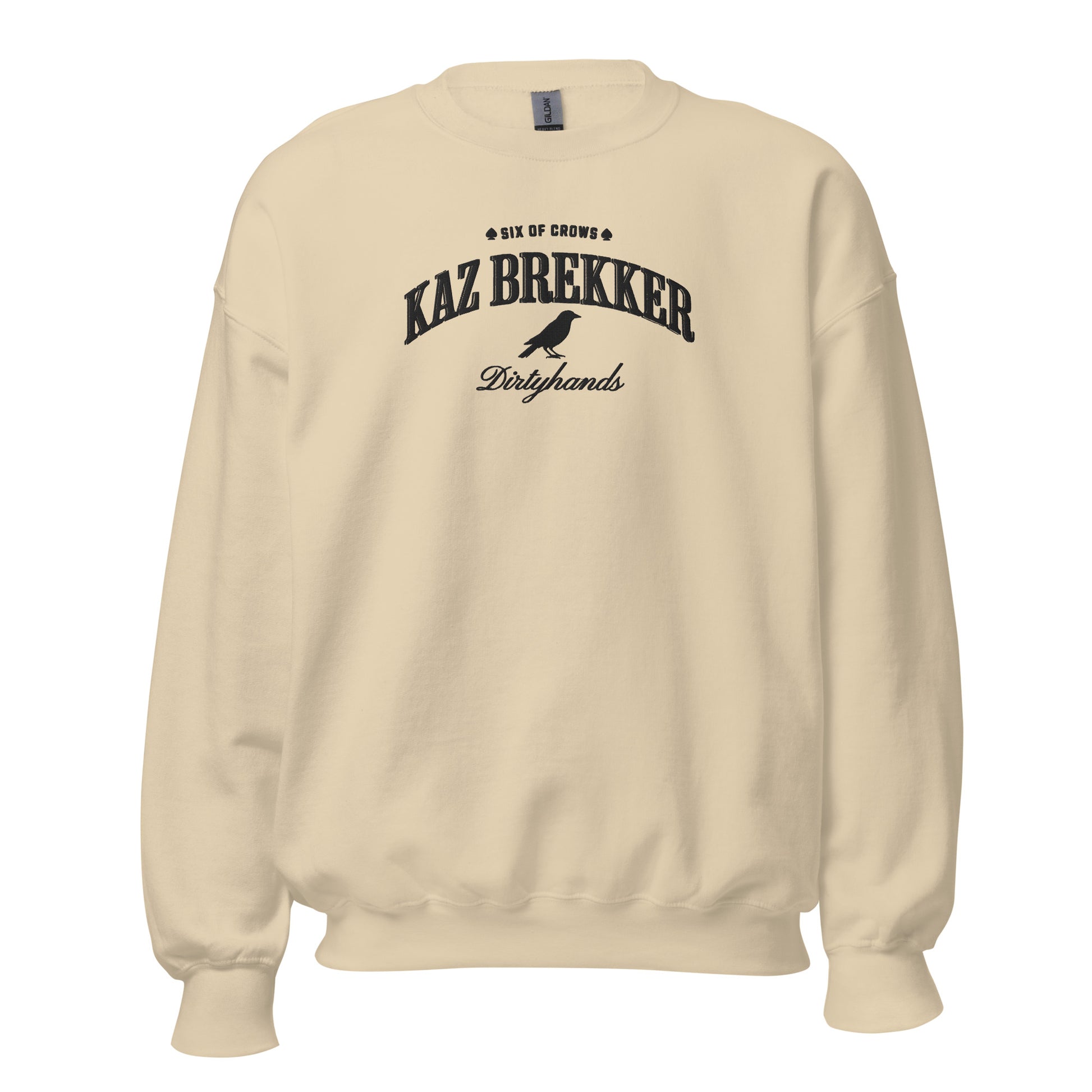 Kaz Brekker Embroidered Sweatshirt - The Bean Workshop - Bookish Gift, Bookworm Apparel, Crow Club, Dark Fantasy, Dirtyhands, Grishaverse sweatshirt, Kaz Brekker embroidered sweatshirt, Ketterdam, Leigh Bardugo fan apparel for readers, Literary Character, Minimalist Aesthetic, Six of Crows minimalist merch, The Dregs