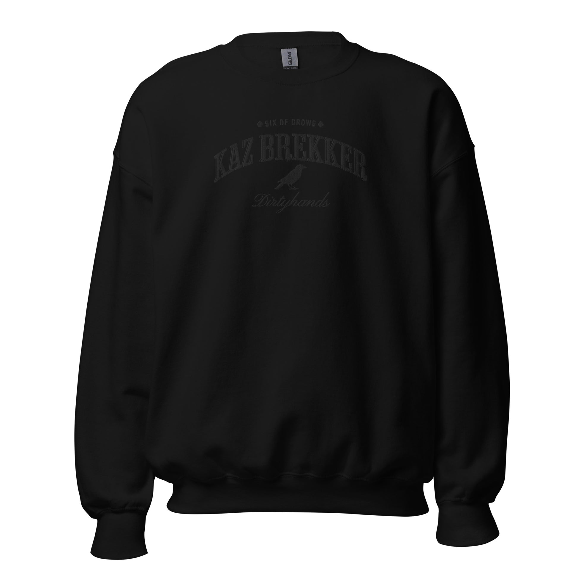 Kaz Brekker Embroidered Sweatshirt - The Bean Workshop - Bookish Gift, Bookworm Apparel, Crow Club, Dark Fantasy, Dirtyhands, Grishaverse sweatshirt, Kaz Brekker embroidered sweatshirt, Ketterdam, Leigh Bardugo fan apparel for readers, Literary Character, Minimalist Aesthetic, Six of Crows minimalist merch, The Dregs