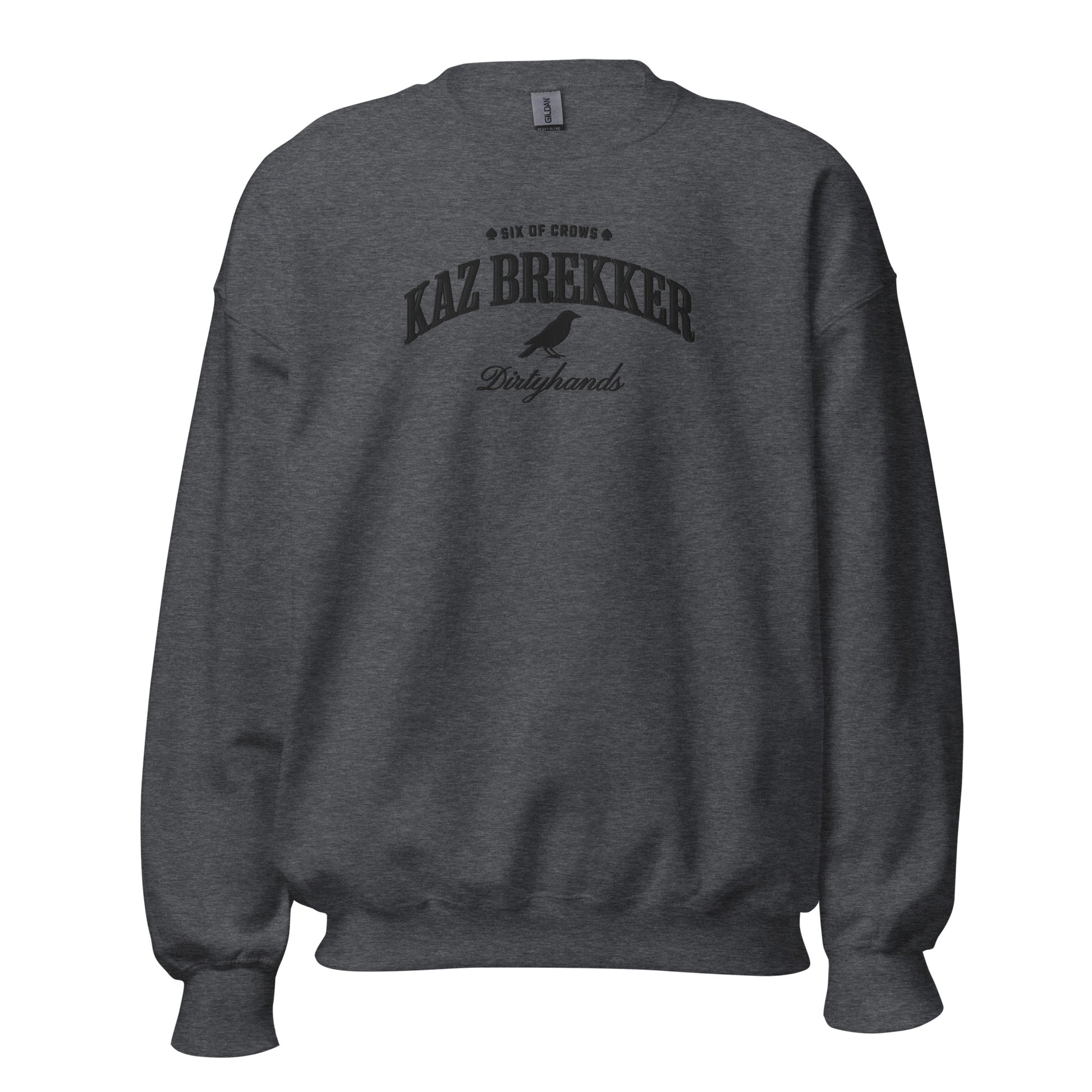Kaz Brekker Embroidered Sweatshirt - The Bean Workshop - Bookish Gift, Bookworm Apparel, Crow Club, Dark Fantasy, Dirtyhands, Grishaverse sweatshirt, Kaz Brekker embroidered sweatshirt, Ketterdam, Leigh Bardugo fan apparel for readers, Literary Character, Minimalist Aesthetic, Six of Crows minimalist merch, The Dregs