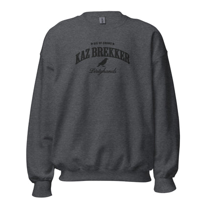 Kaz Brekker Embroidered Sweatshirt - The Bean Workshop - Bookish Gift, Bookworm Apparel, Crow Club, Dark Fantasy, Dirtyhands, Grishaverse sweatshirt, Kaz Brekker embroidered sweatshirt, Ketterdam, Leigh Bardugo fan apparel for readers, Literary Character, Minimalist Aesthetic, Six of Crows minimalist merch, The Dregs