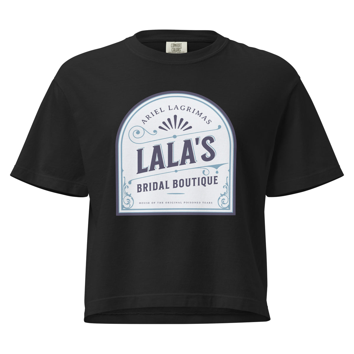 Lala's Bridal Boutique Boxy Tee - The Bean Workshop - Arched Crest Badge, Blue and Cream Color Palette, Boxy Tee, Everyday Bookish Style, Lalas Bridal Boutique Boxy Tee for Book Lovers, Once Upon a Broken Heart, Relaxed Layering Piece, Stephanie Garber, Storybook Boutique, The Unwed Bride Fan Gift, Vintage Bridal, Vintage Flourish Typography