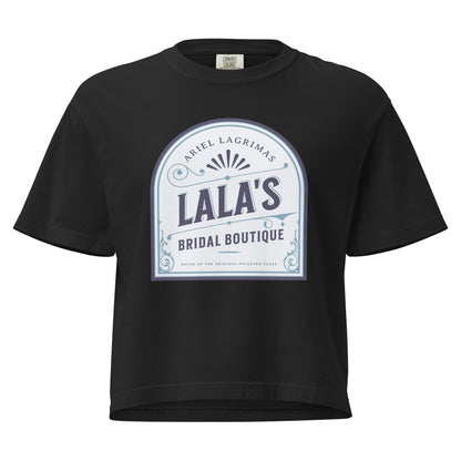 Lala's Bridal Boutique Boxy Tee - The Bean Workshop - Arched Crest Badge, Blue and Cream Color Palette, Boxy Tee, Everyday Bookish Style, Lalas Bridal Boutique Boxy Tee for Book Lovers, Once Upon a Broken Heart, Relaxed Layering Piece, Stephanie Garber, Storybook Boutique, The Unwed Bride Fan Gift, Vintage Bridal, Vintage Flourish Typography