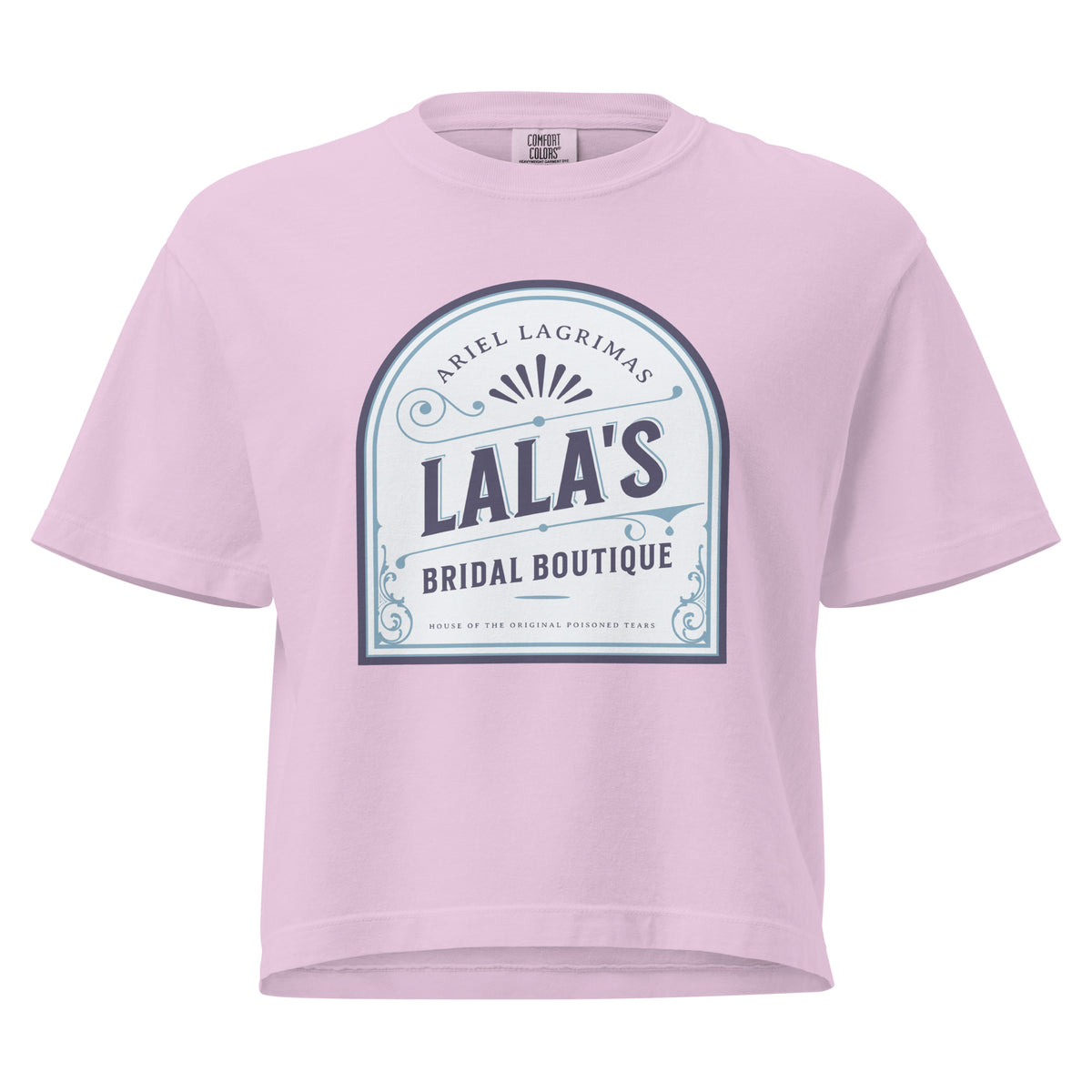 Lala's Bridal Boutique Boxy Tee - The Bean Workshop - Arched Crest Badge, Blue and Cream Color Palette, Boxy Tee, Everyday Bookish Style, Lalas Bridal Boutique Boxy Tee for Book Lovers, Once Upon a Broken Heart, Relaxed Layering Piece, Stephanie Garber, Storybook Boutique, The Unwed Bride Fan Gift, Vintage Bridal, Vintage Flourish Typography